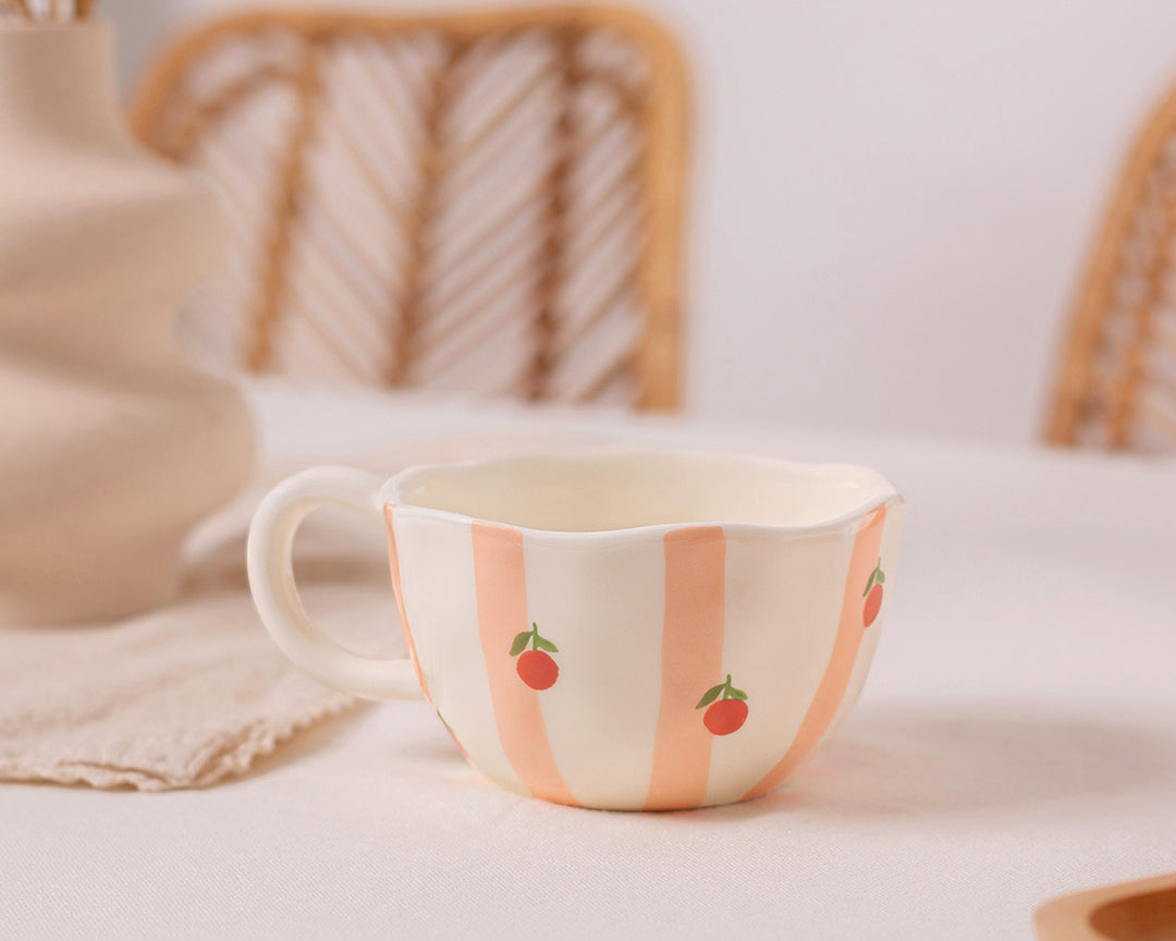 Tasse en céramique Rayures d’oranges de Moi d’abord rayée pêche et orange