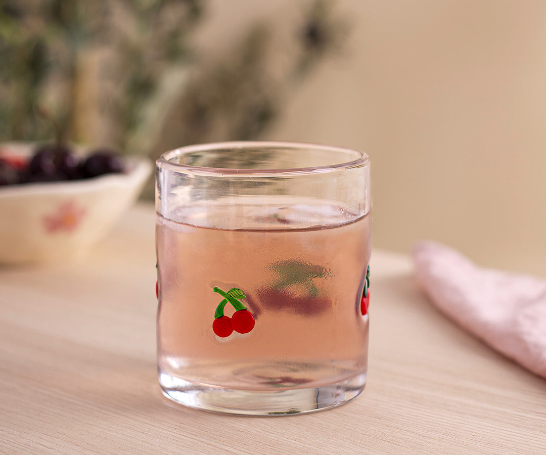 Verre Cerises de Moi d’abord avec icônes de cerises rouges en relief