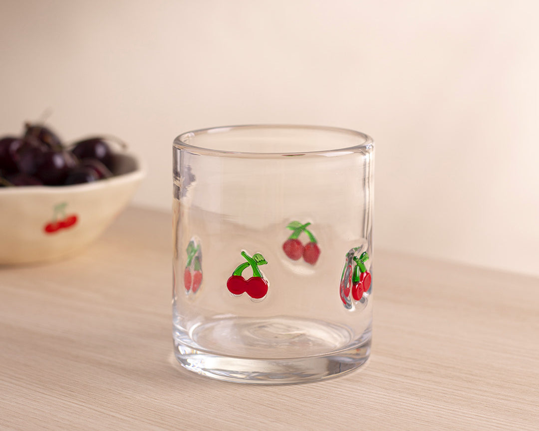 Verre Cerises de Moi d’abord avec icônes de cerises rouges en relief