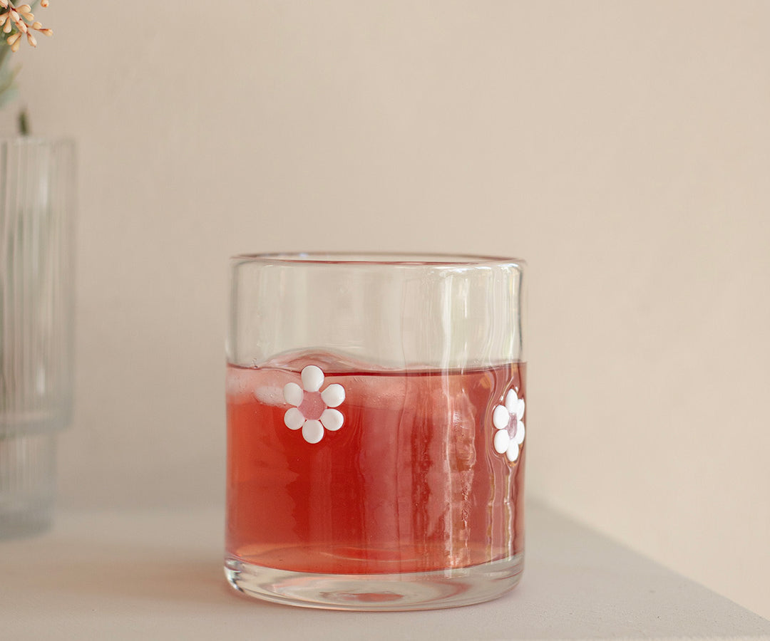 Verre Marguerites roses de Moi d’abord avec icônes de fleurs roses et blanches en relief