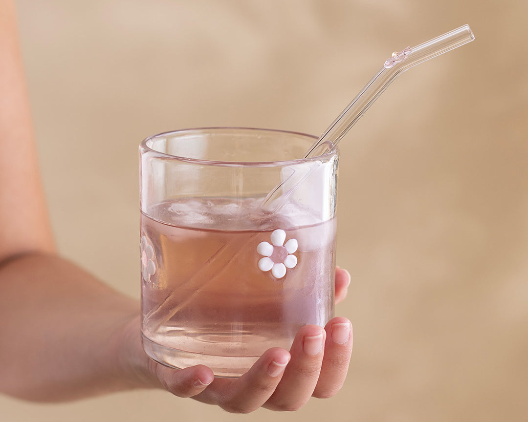 Verre Marguerites roses de Moi d’abord avec icônes de fleurs roses et blanches en relief