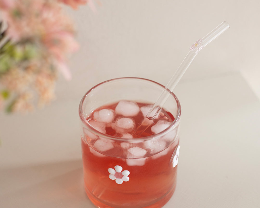 Verre Marguerites roses de Moi d’abord avec icônes de fleurs roses et blanches en relief