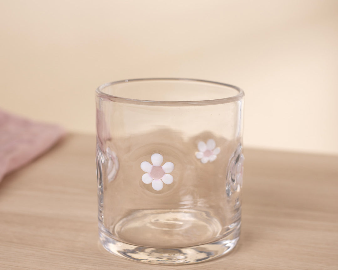 Verre Marguerites roses de Moi d’abord avec icônes de fleurs roses et blanches en relief