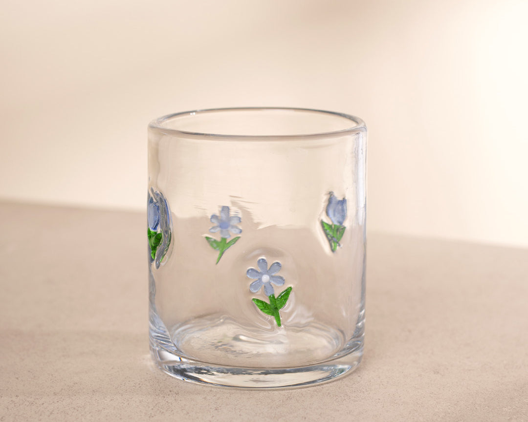Verre Fleurs bleues de Moi d’abord avec icônes de fleurs bleues en relief