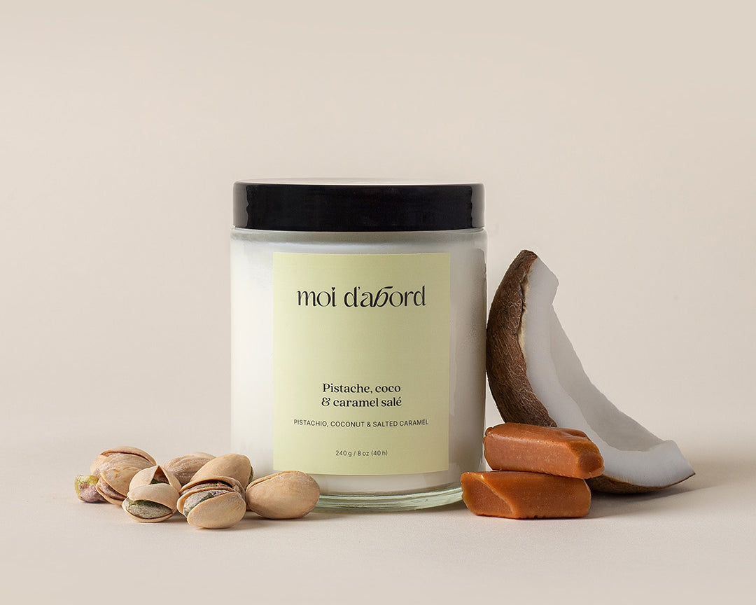 Bougie de soja Pistache, coco & caramel salé de Moi d’abord fabriquée au Québec