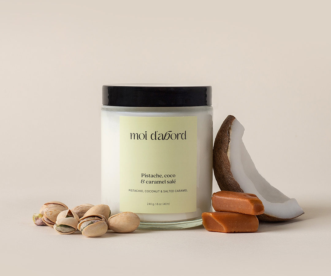 Bougie de soja Pistache, coco & caramel salé de Moi d’abord fabriquée au Québec