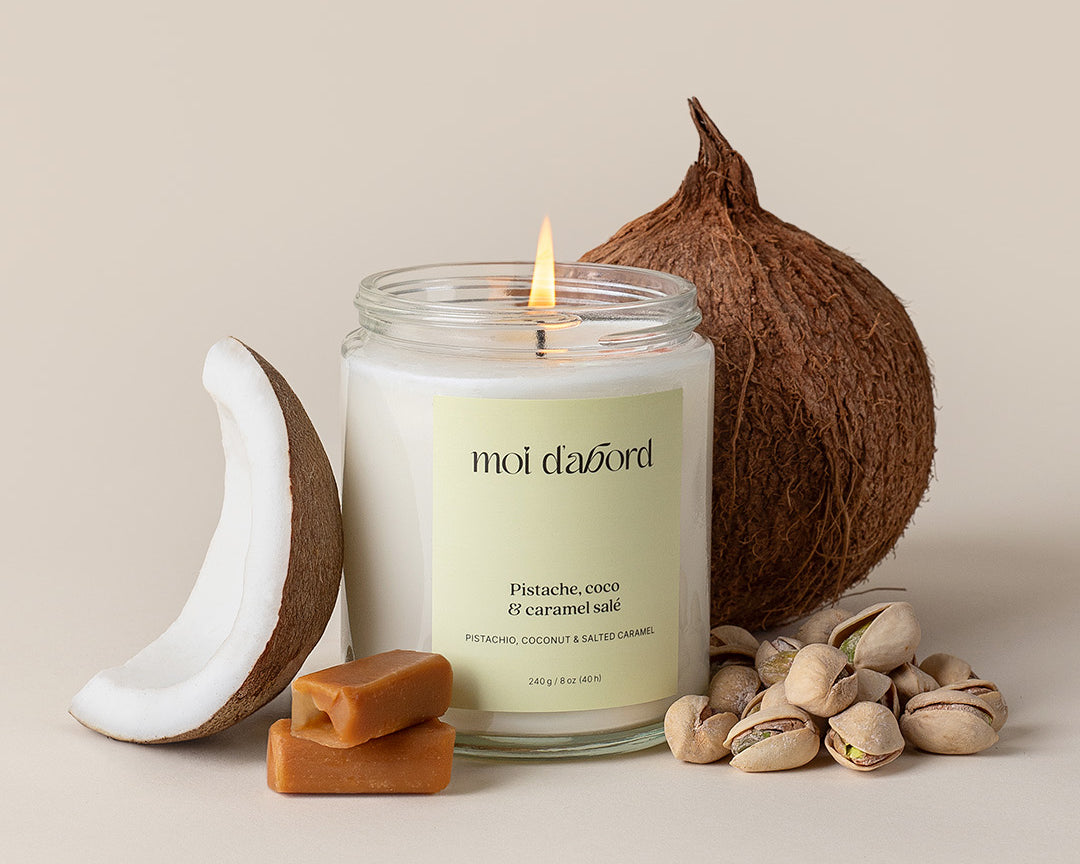 Bougie de soja Pistache, coco & caramel salé de Moi d’abord fabriquée au Québec