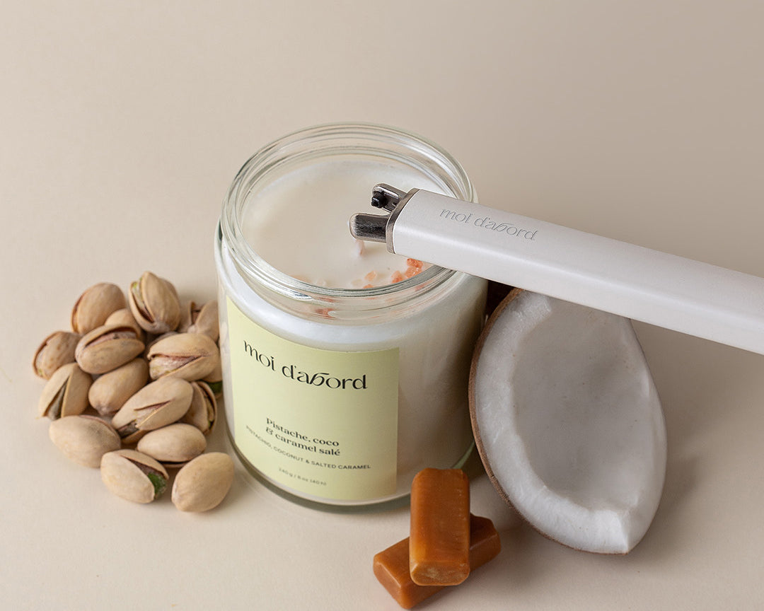 Bougie de soja Pistache, coco & caramel salé de Moi d’abord fabriquée au Québec