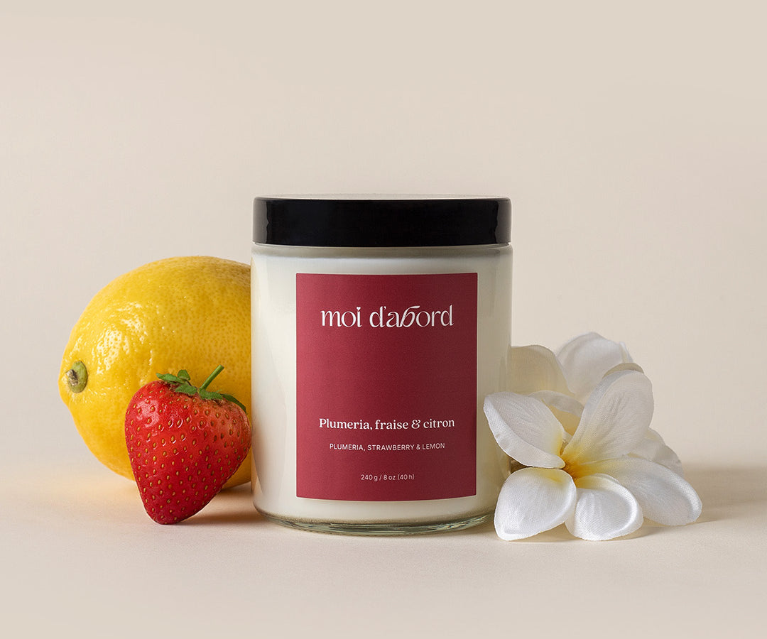 Bougie de soja Plumeria, fraise & citron de Moi d’abord fabriquée au Québec